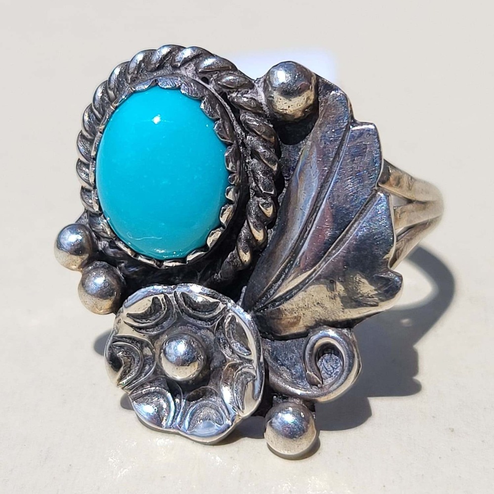 Vintage 925 Sterling Silver Turquoise Leaf Flower Ring Size 6.25 Blue Southwest